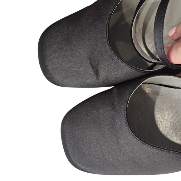 90s Y2K Chunky Heel Square Toe Strappy Mule Black Satin Business Sz 9‎ 2.5" - Picture 13 of 16